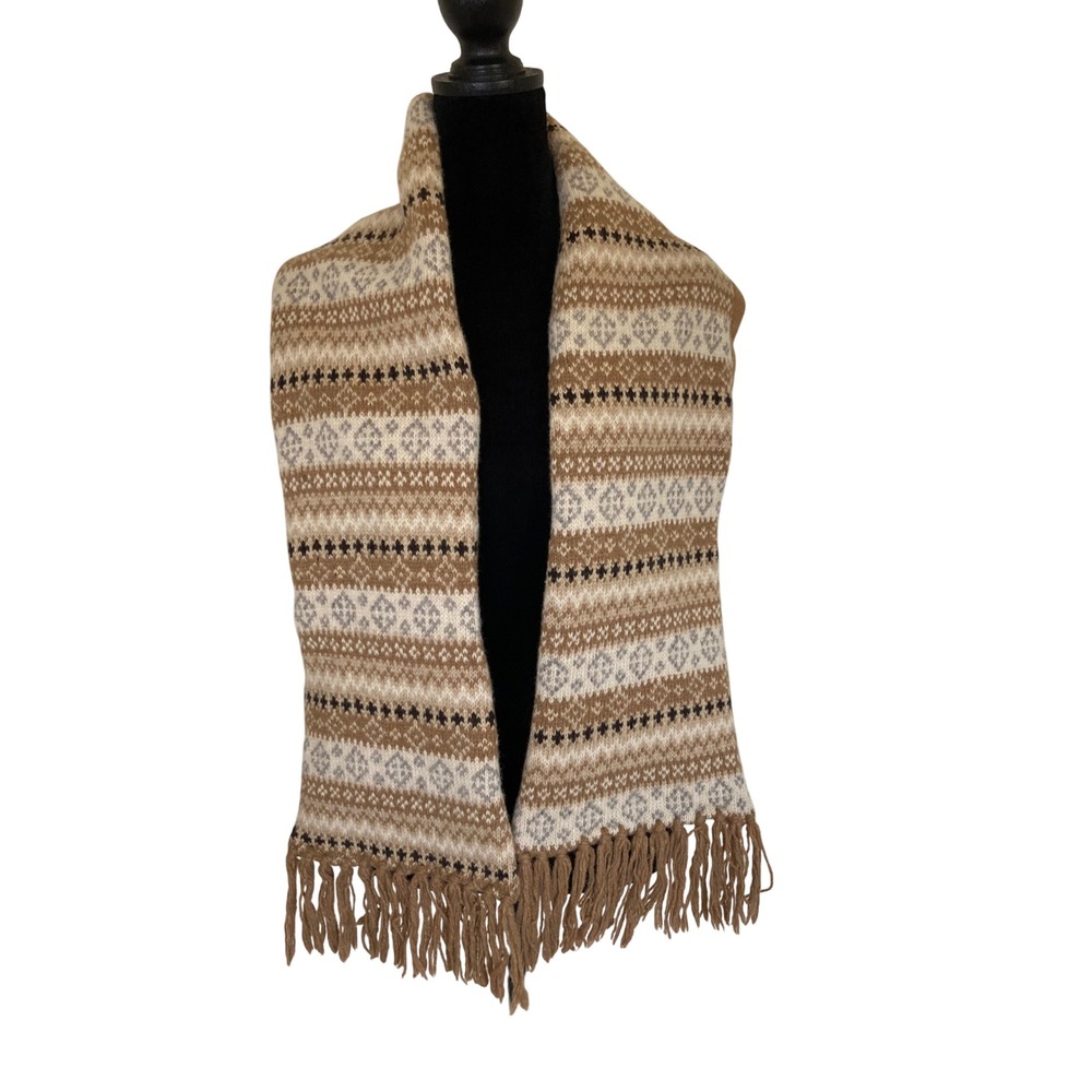 Berkshire Fashions Wool Blend Fair Isle Scarf Tan Brown Nordic Fringe RN 14750